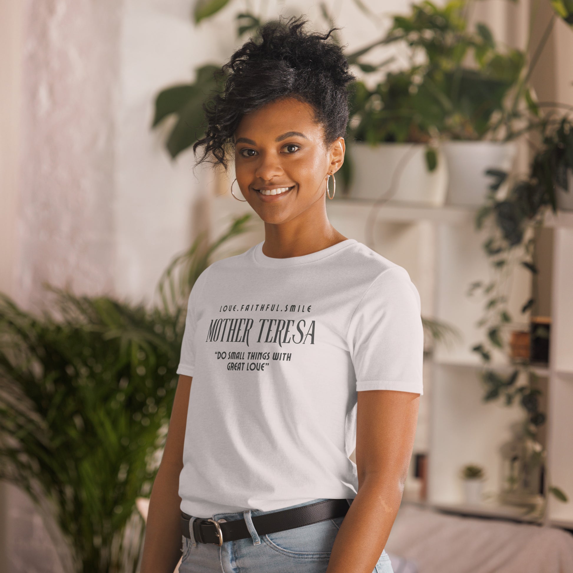 Model wearing Zyora Apparel Regular Tee with Mother Teresa inspired design “Do Small Things with Great Love” – casual Christian t-shirt for everyday faith wear.
