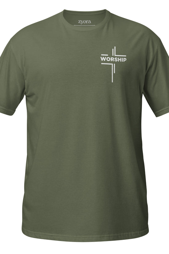 “Worship” written horizontally in cross form on a Christian graphic tee, inspired by Mark 12:30‑31. Faith‑based gift for believers, scripture‑inspired apparel.