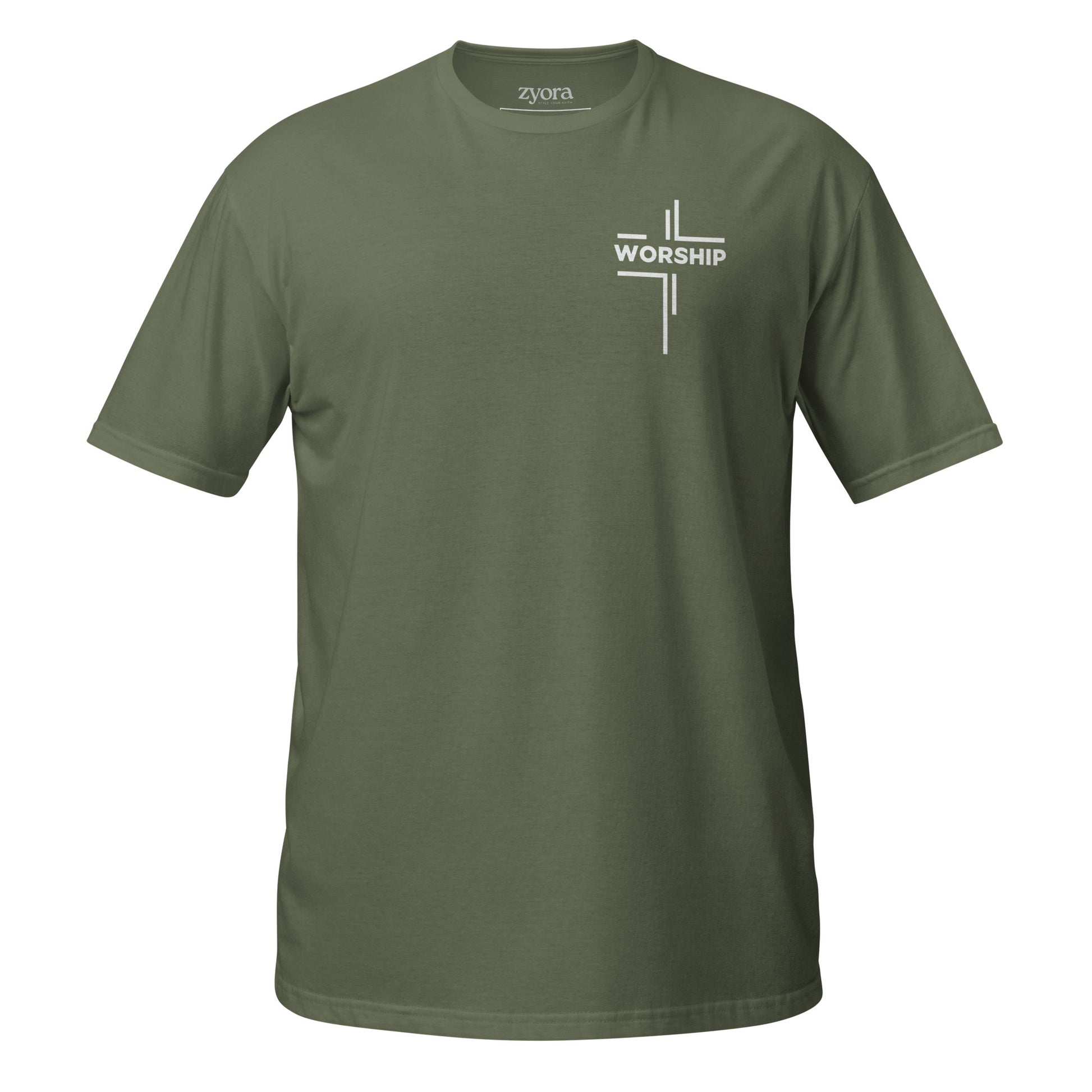 “Worship” written horizontally in cross form on a Christian graphic tee, inspired by Mark 12:30‑31. Faith‑based gift for believers, scripture‑inspired apparel.