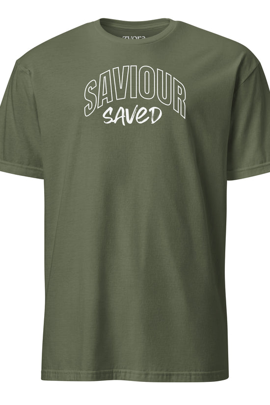 Unisex regular Military Green Christian tee with “Saviour Saved” design – faith-based fashion and gift by Zyora Apparel.