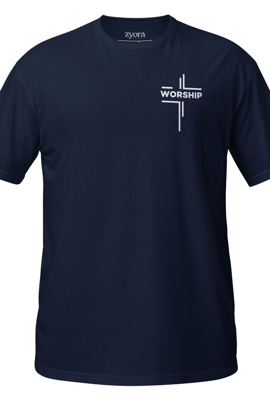 “Worship” written horizontally in cross form on a Christian graphic tee, inspired by Mark 12:30‑31. Faith‑based gift for believers, scripture‑inspired apparel.