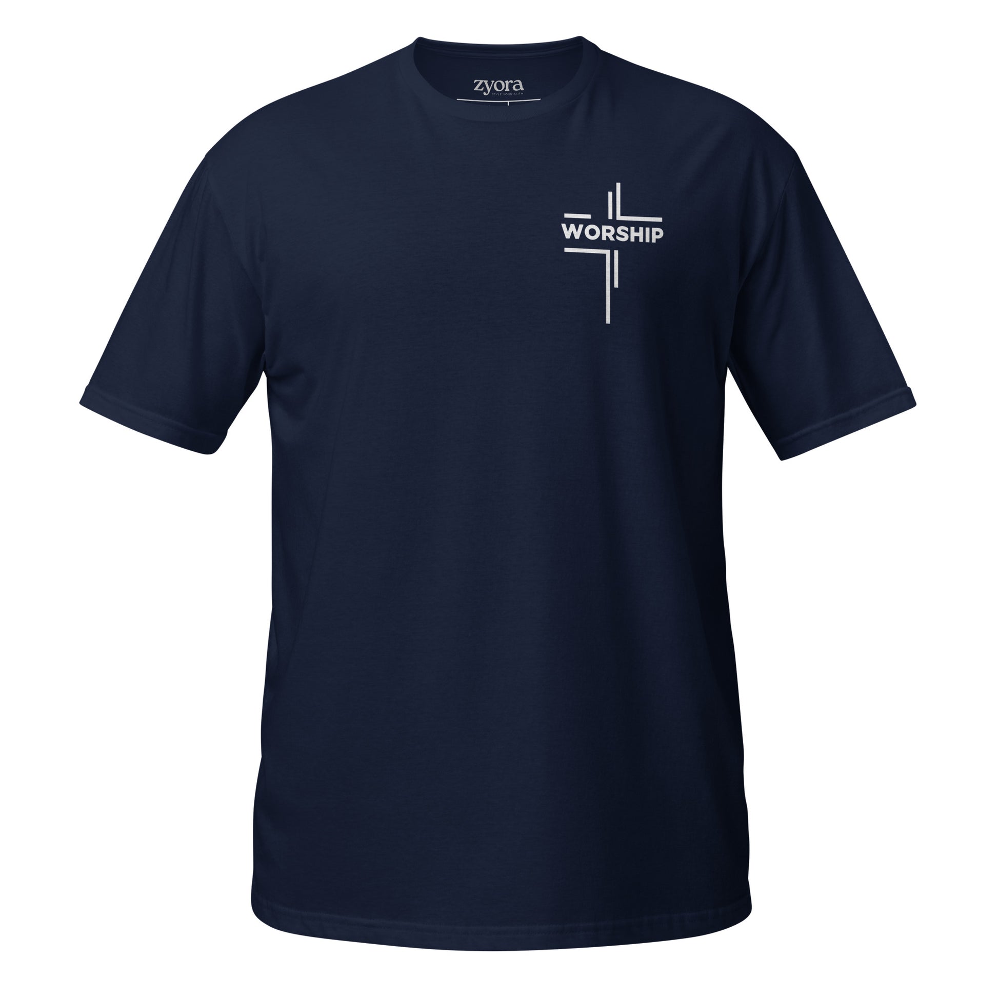 “Worship” written horizontally in cross form on a Christian graphic tee, inspired by Mark 12:30‑31. Faith‑based gift for believers, scripture‑inspired apparel.