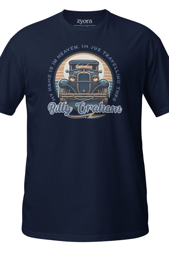 “Billy Graham quote Christian graphic tee in navy blue – My Home Is in Heaven, I’m Just Travelling Through – Zyora Apparel”