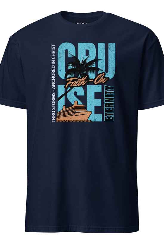 “Anchored in Christ Christian graphic tee in navy – Cruise Through Storms Eternity Design – Zyora Apparel”