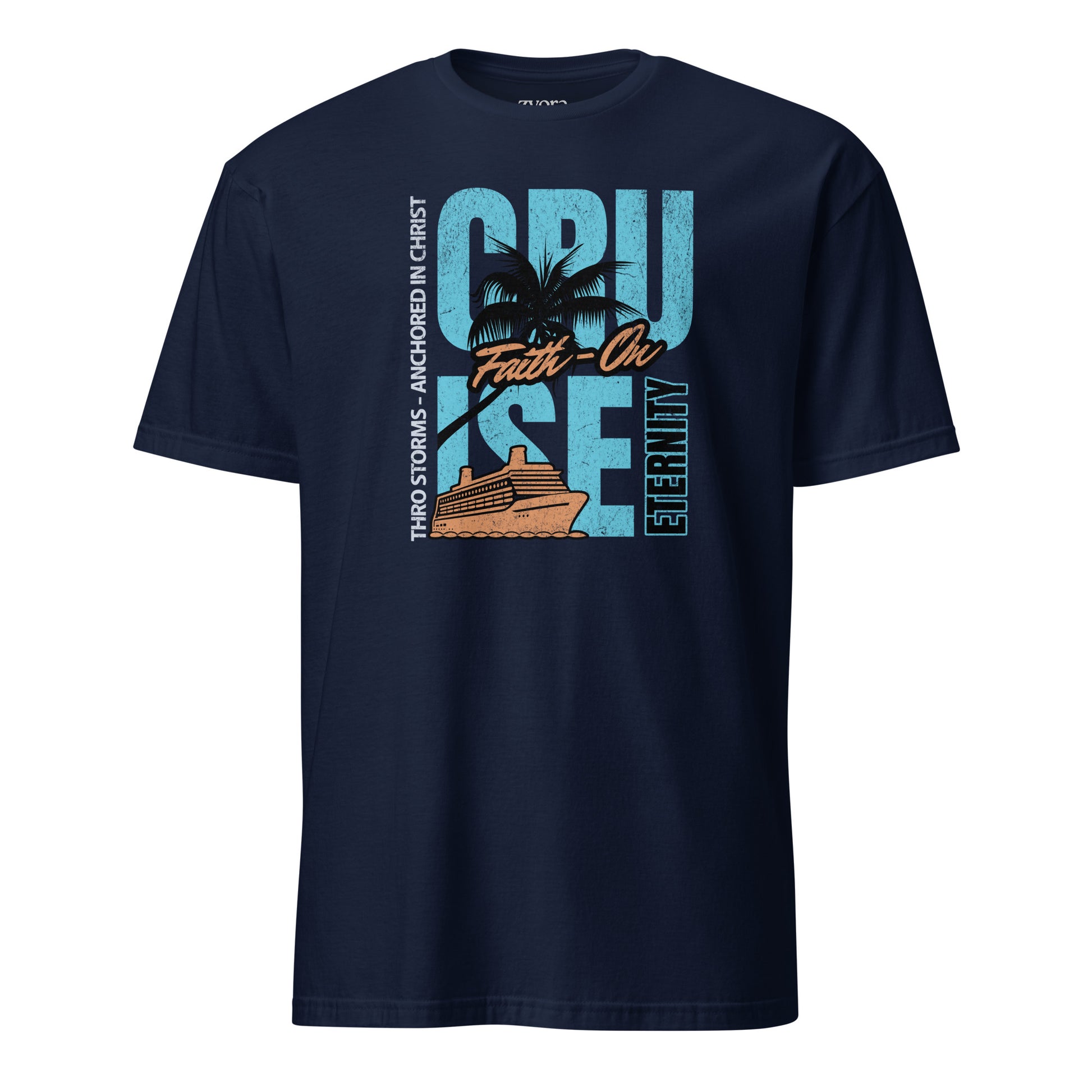 “Anchored in Christ Christian graphic tee in navy – Cruise Through Storms Eternity Design – Zyora Apparel”