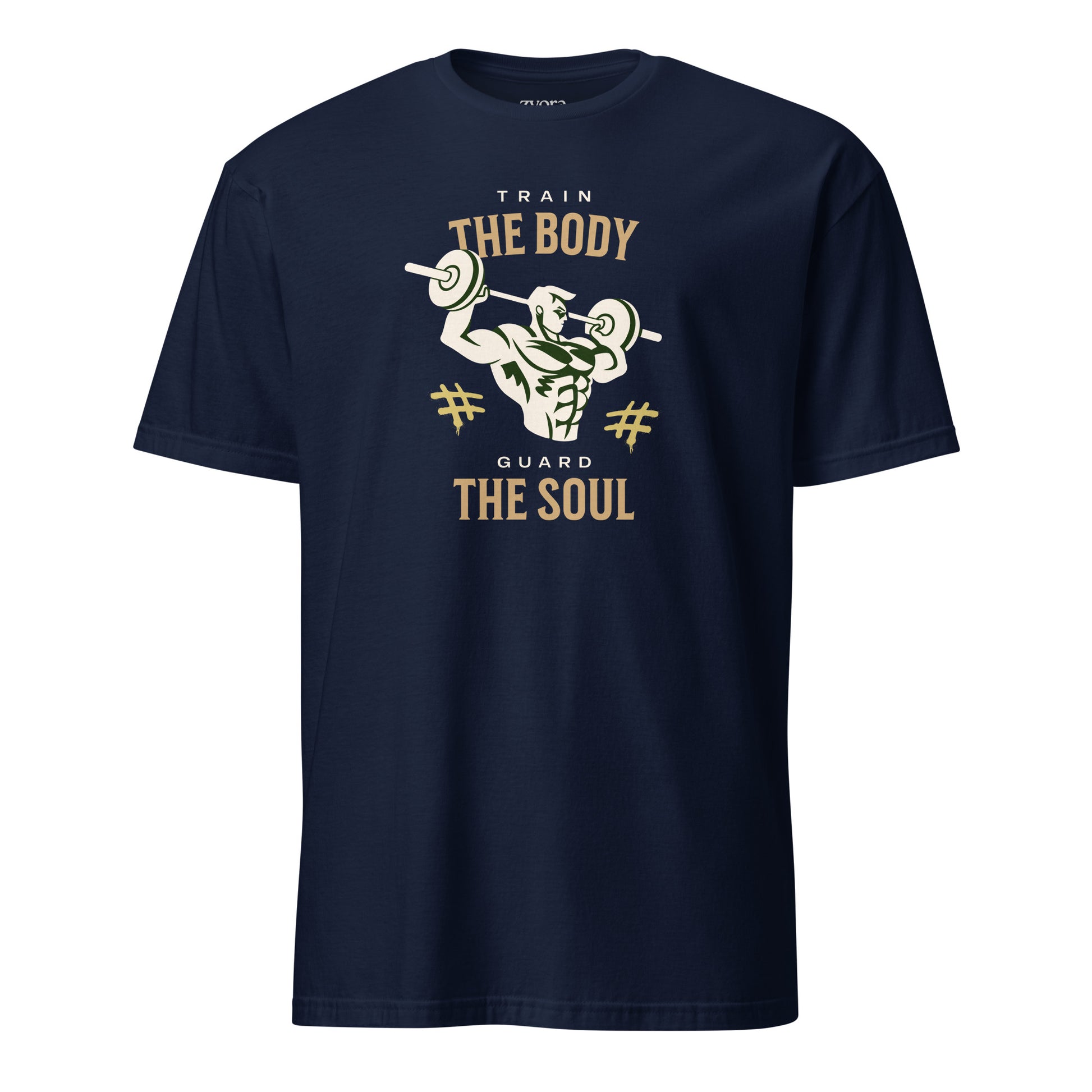 “Christian graphic tee in blue – Train Your Body, Guard Your Soul design – Zyora Apparel”