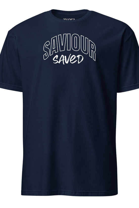 Unisex regular Navy Christian tee with “Saviour Saved” design – faith-based fashion and gift by Zyora Apparel.