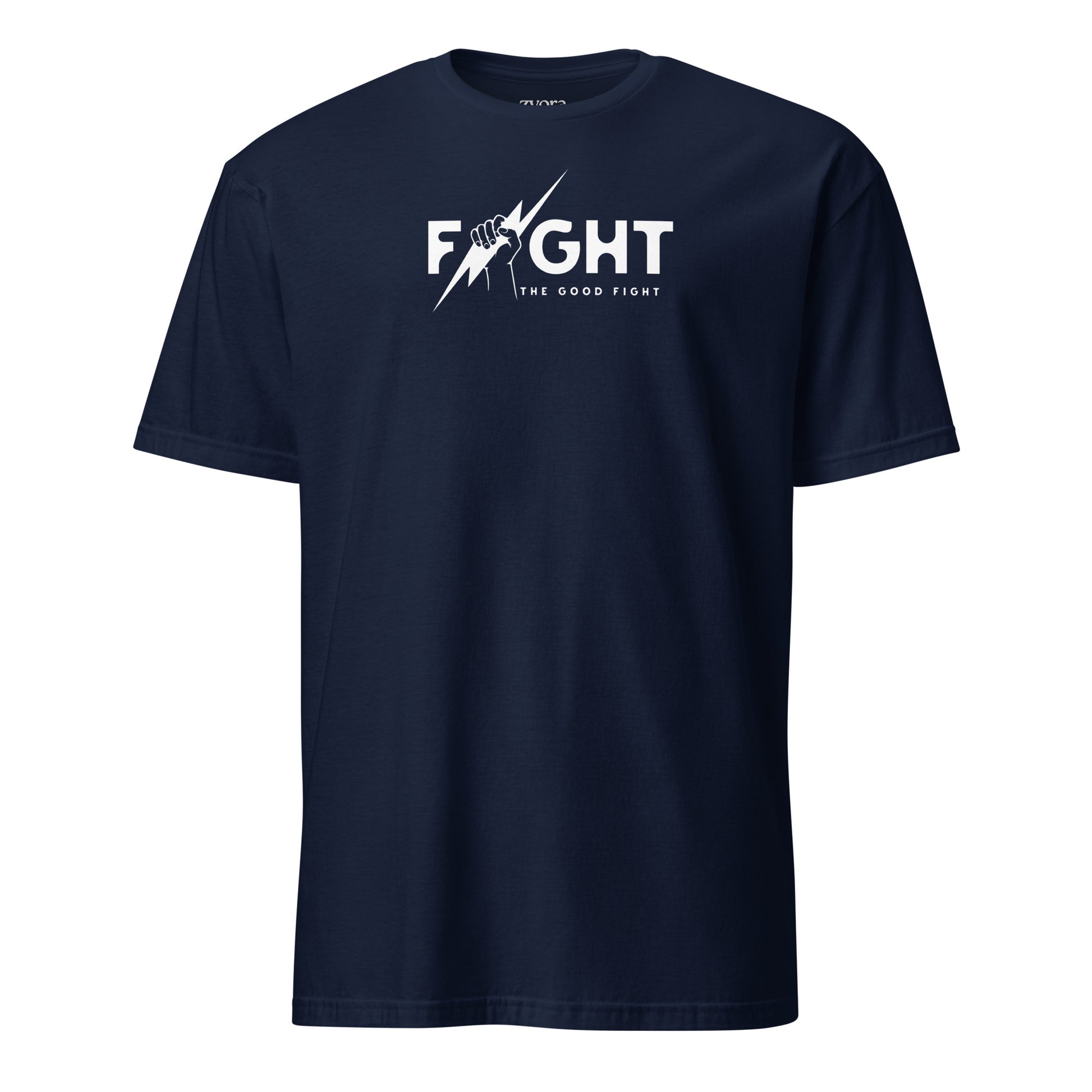 "Fight the Good Fight" Christian Navy graphic tee with 1 Timothy 6:12 scripture design. Faith-based apparel, bold Christian gift, unisex lifestyle shirt.