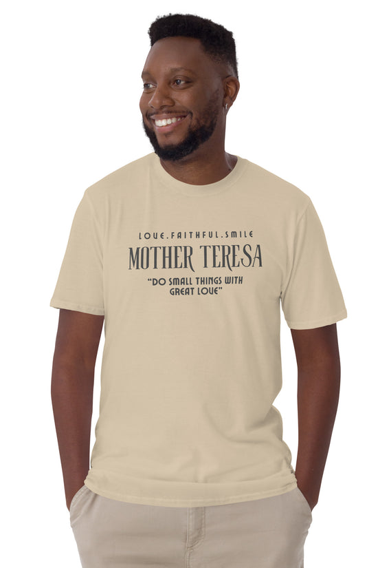 Model wearing Zyora Apparel Regular Tee with Mother Teresa inspired design “Do Small Things with Great Love” – casual Christian t-shirt for everyday faith wear.
