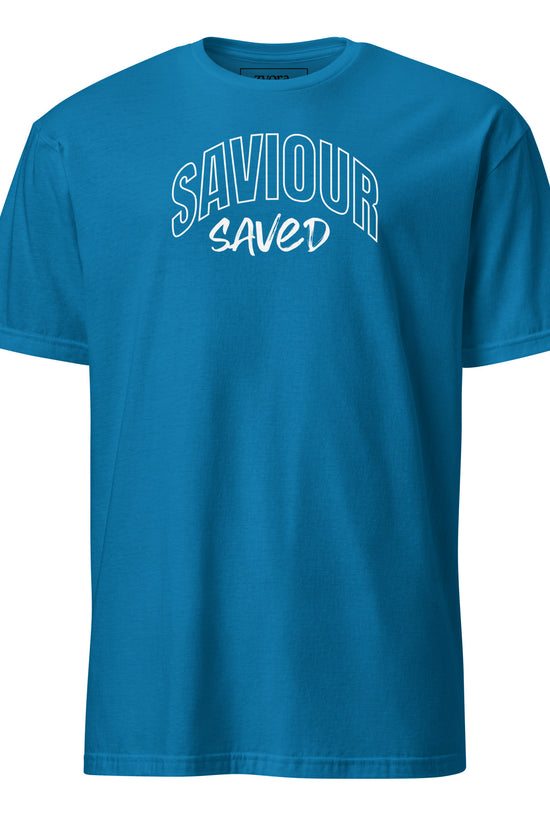 Unisex regular Sapphire Christian tee with “Saviour Saved” design – faith-based fashion and gift by Zyora Apparel.
