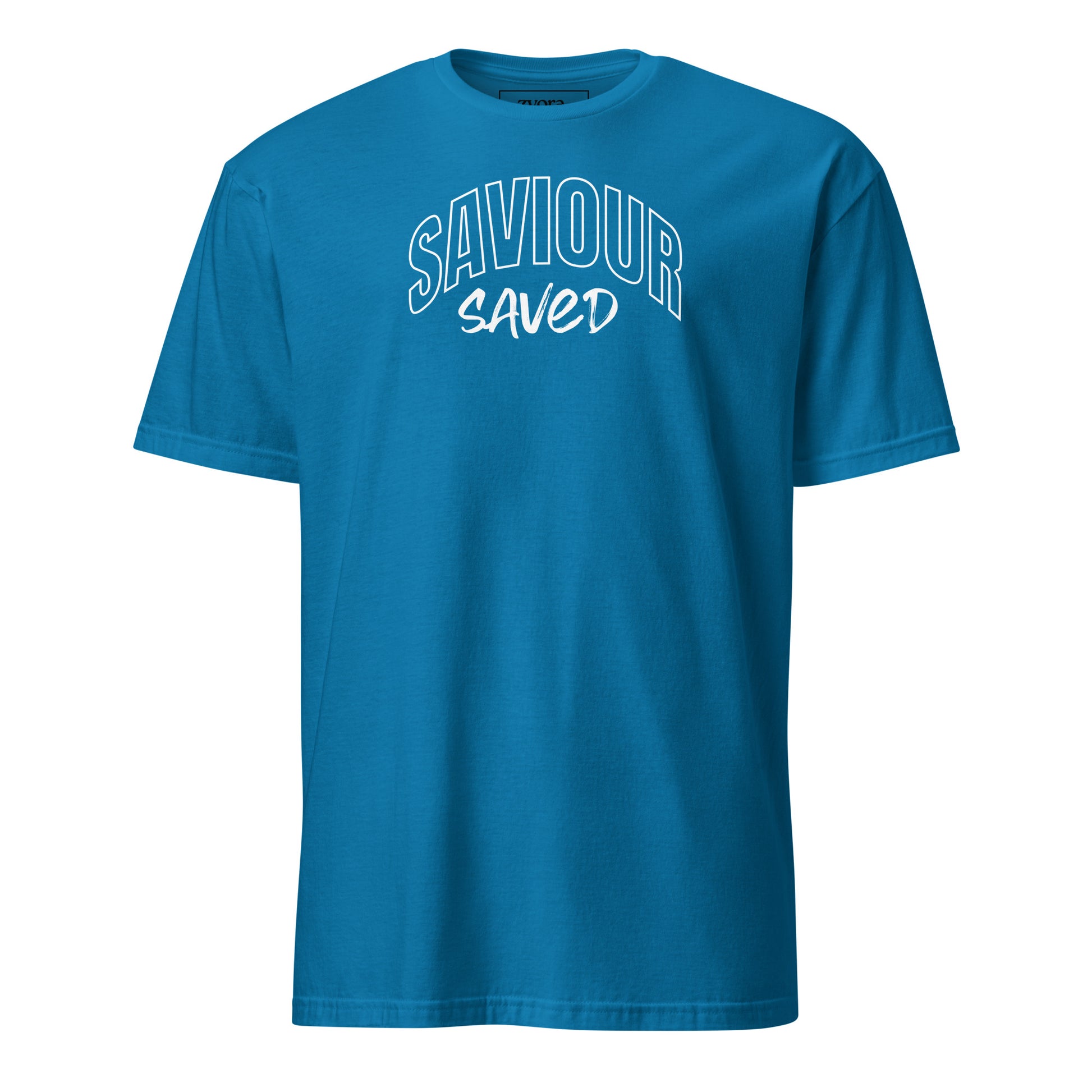 Unisex regular Sapphire Christian tee with “Saviour Saved” design – faith-based fashion and gift by Zyora Apparel.
