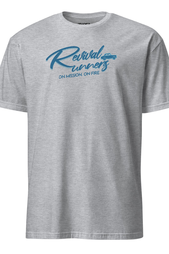 Revival Runners Christian t-shirt with On Mission, On Fire text, inspired by 1 Corinthians 9:24 and Romans 12:11