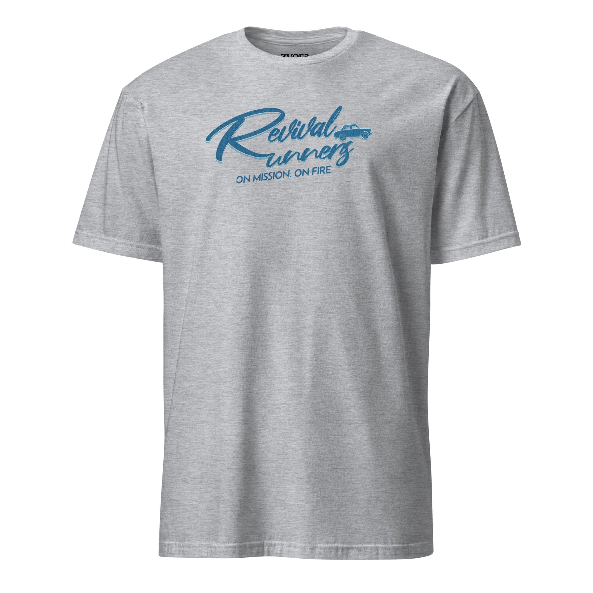 Revival Runners Christian t-shirt with On Mission, On Fire text, inspired by 1 Corinthians 9:24 and Romans 12:11
