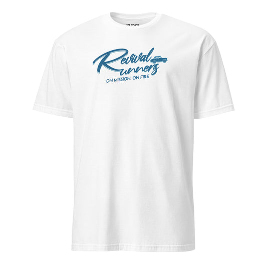 Revival Runners Christian t-shirt with On Mission, On Fire text, inspired by 1 Corinthians 9:24 and Romans 12:11