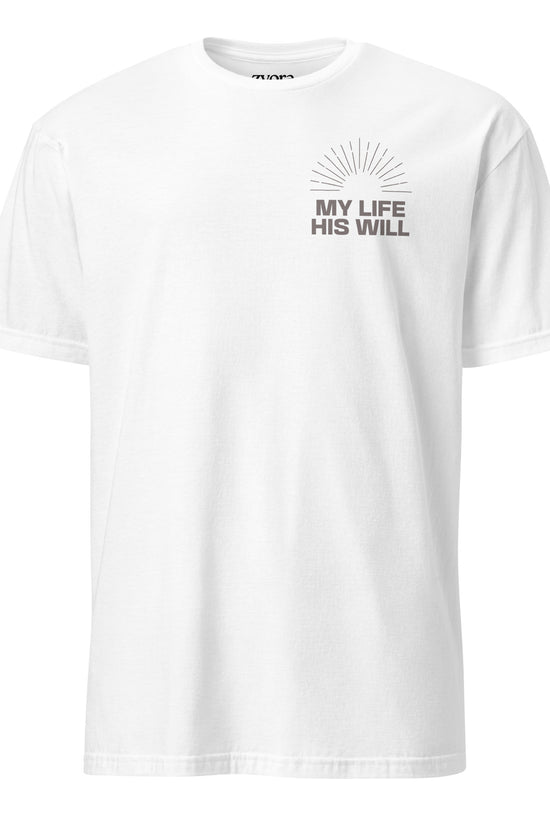 “Regular Christian graphic tee in white – My Life His Will design – Zyora Apparel”