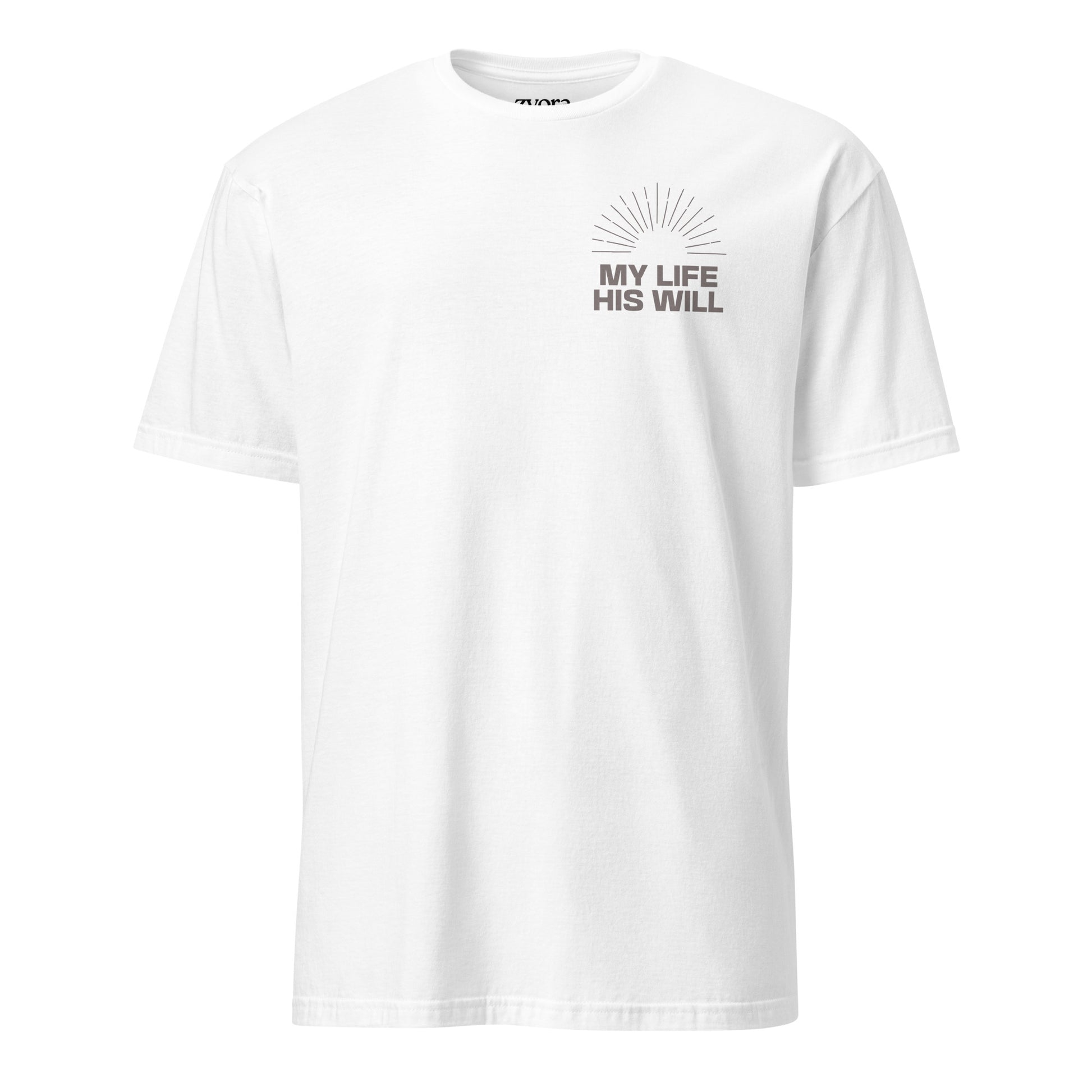 “Regular Christian graphic tee in white – My Life His Will design – Zyora Apparel”