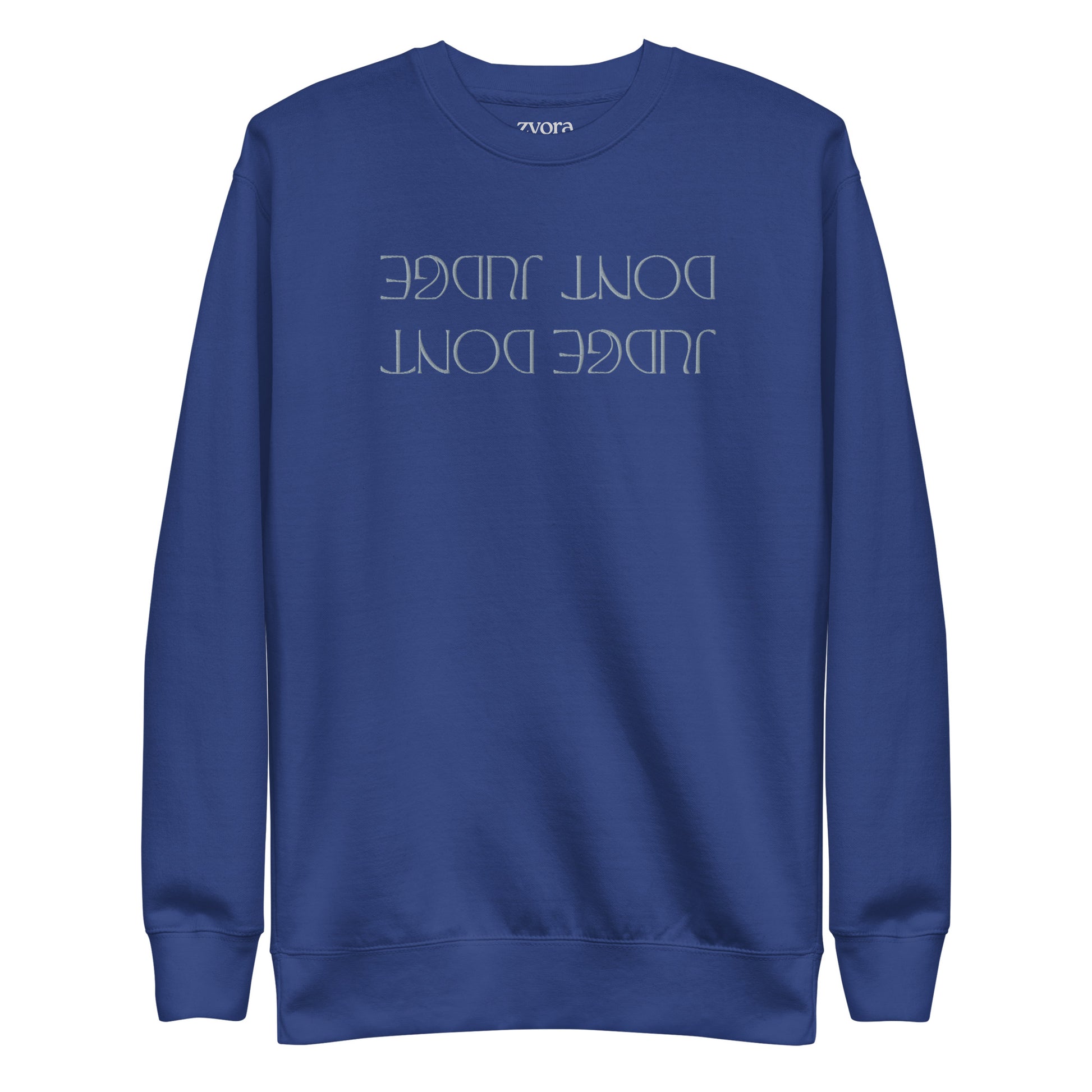 Embroidered unisex premium Christian sweatshirt with “Don’t Judge” design – faith-based fashion and gift by Zyora Apparel.