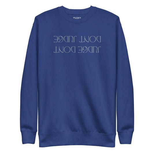 Embroidered unisex premium Christian sweatshirt with “Don’t Judge” design – faith-based fashion and gift by Zyora Apparel.