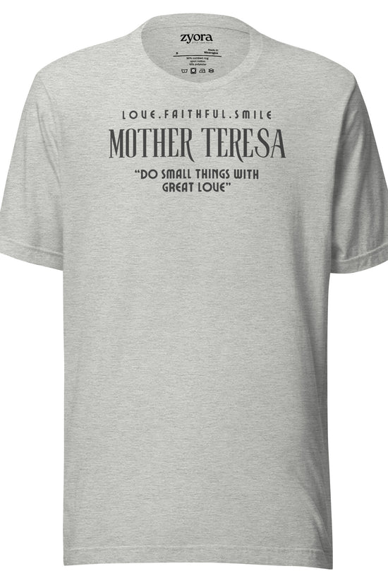 Model wearing Zyora Apparel Regular Tee with Mother Teresa inspired design “Do Small Things with Great Love” – casual Christian t-shirt for everyday faith wear.