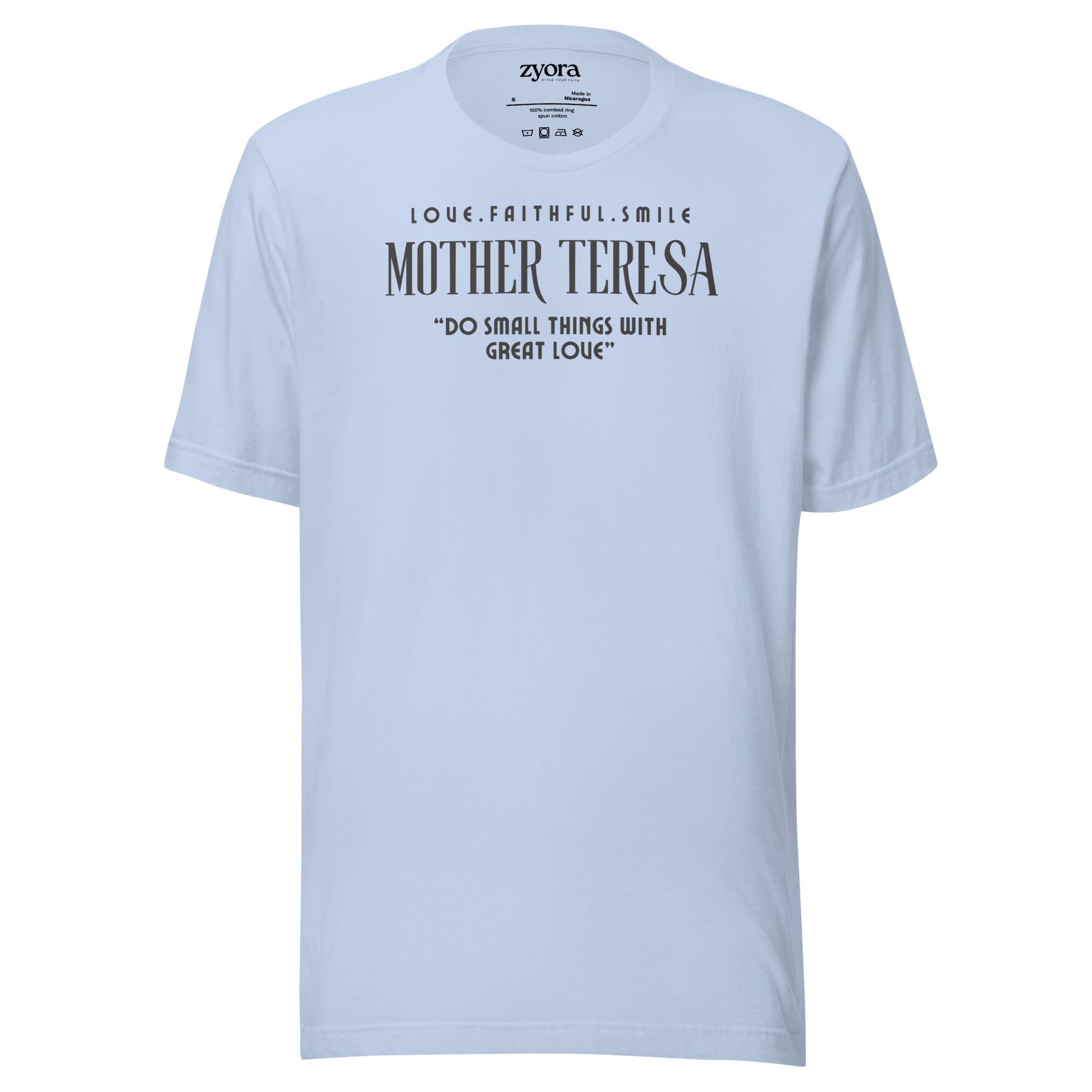 Zyora Apparel baby blue  Premium Tee featuring Mother Teresa quote “Do Small Things with Great Love” – inspirational Christian streetwear design.