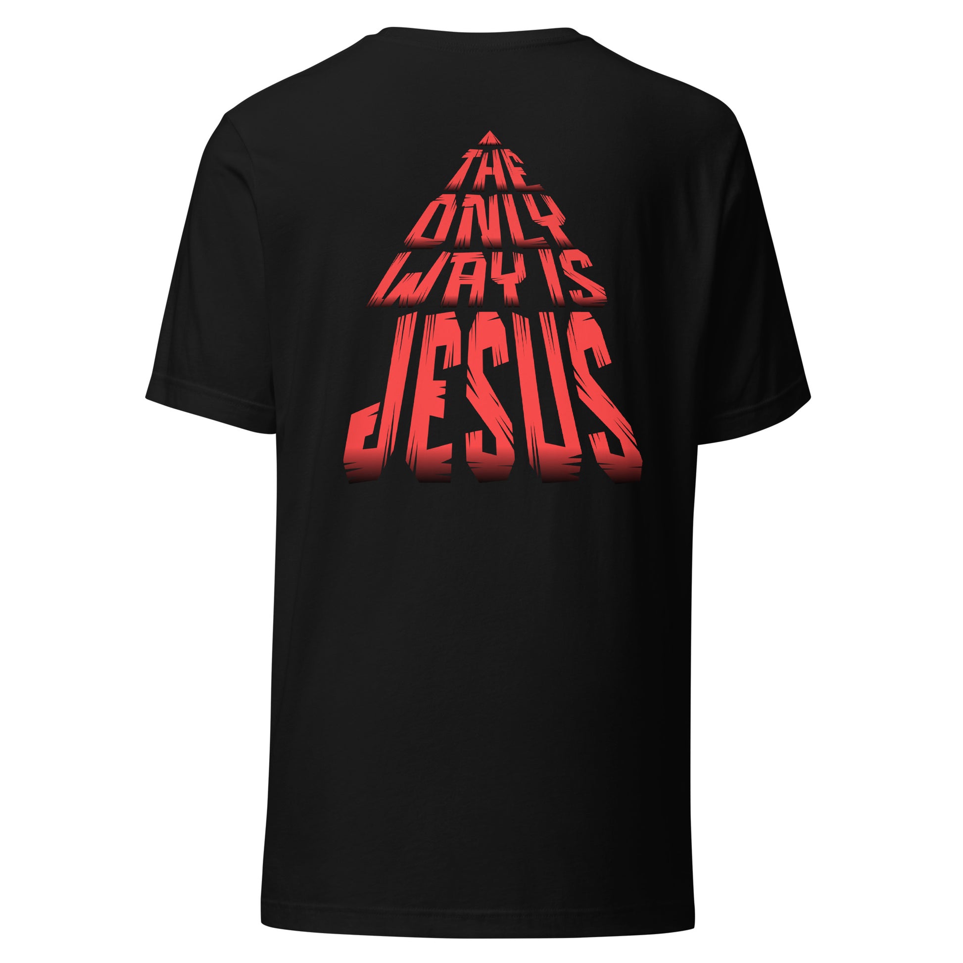 Unisex premium Christian tee with “The Only Way Is JESUS” design – back bold design faith-based fashion and gift by Zyora 