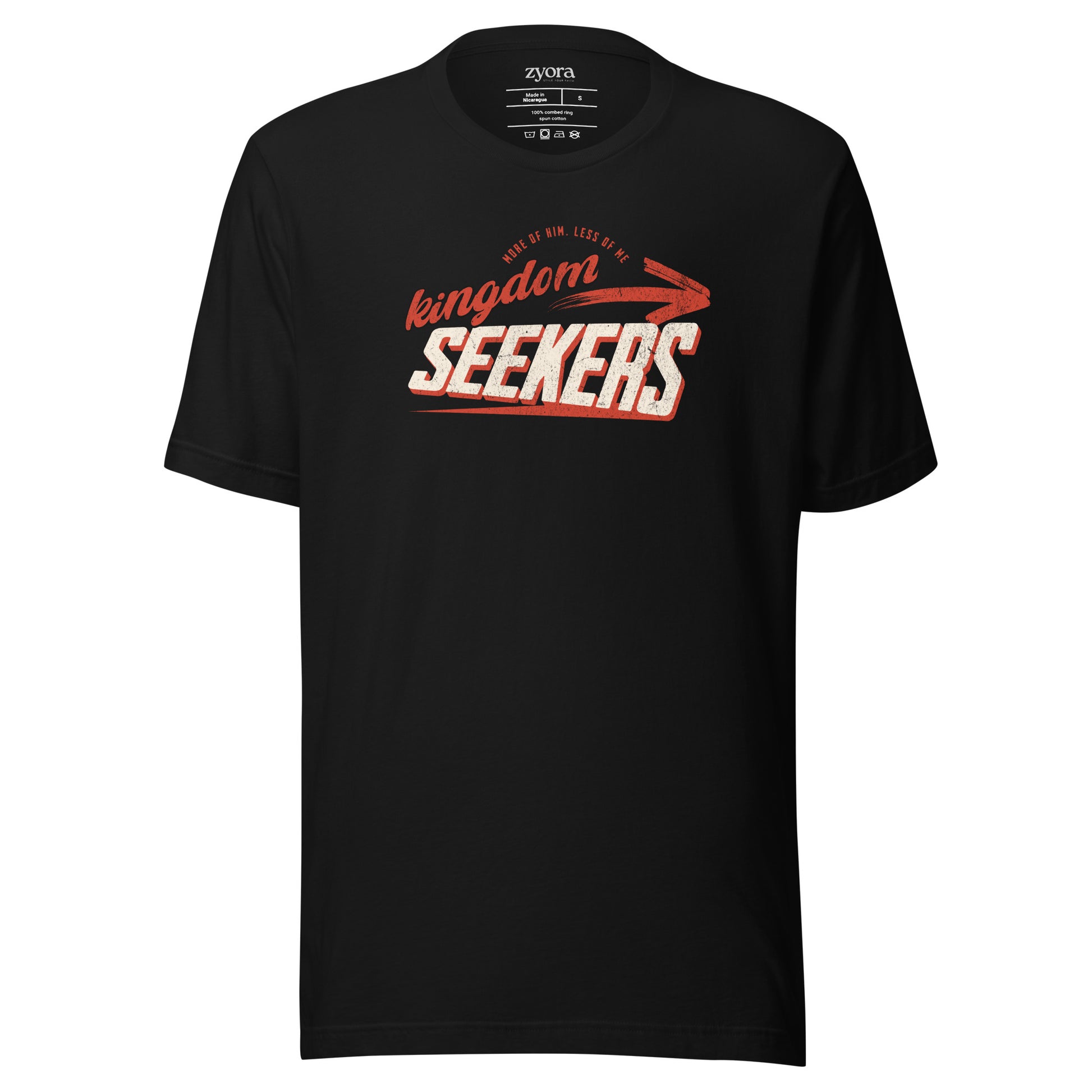 Kingdom Seekers Christian t-shirt with More of Him Less of Me text, inspired by Matthew 6:33 and John 3:30