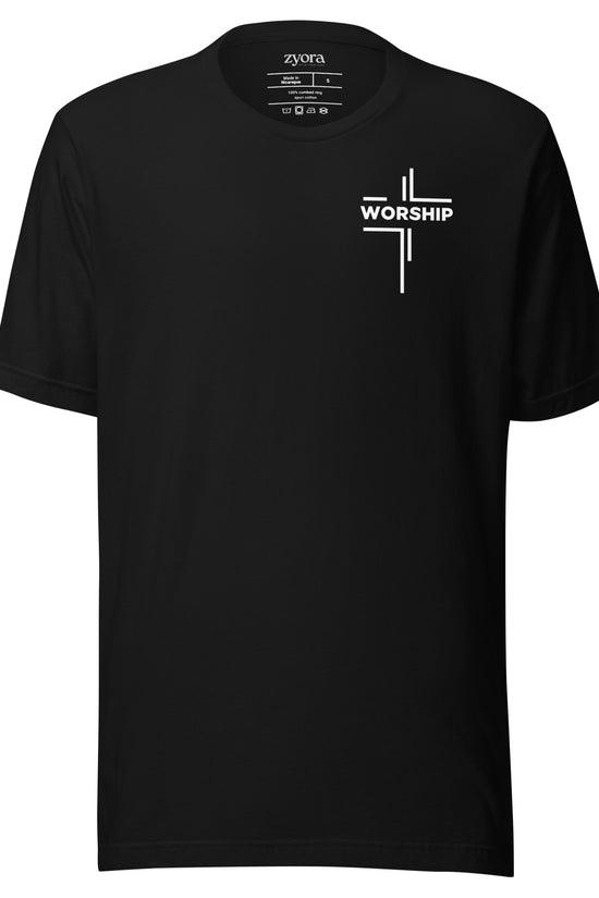 “Worship written vertically in cross form” Christian graphic tee with John 4:23‑24 scripture design. Faith‑based gift, unisex fit, inspirational Christian apparel by Zyora.