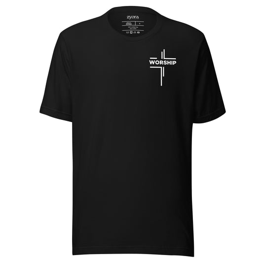 “Worship written vertically in cross form” Christian graphic tee with John 4:23‑24 scripture design. Faith‑based gift, unisex fit, inspirational Christian apparel by Zyora.