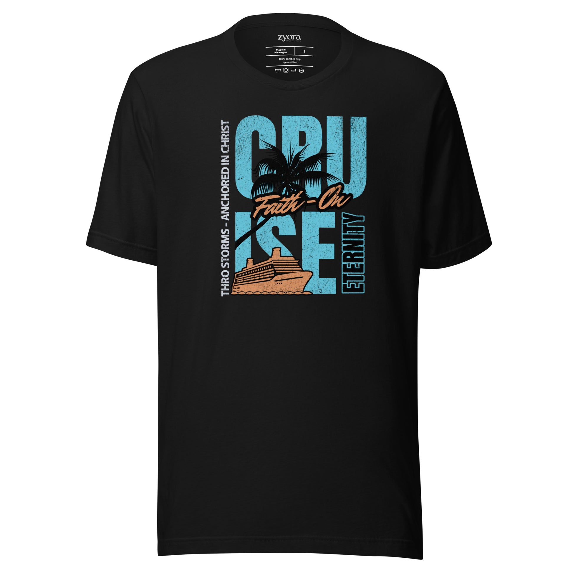 “Premium Anchored in Christ Christian graphic tee in black – Cruise Through Storms Eternity Design – Zyora Apparel”