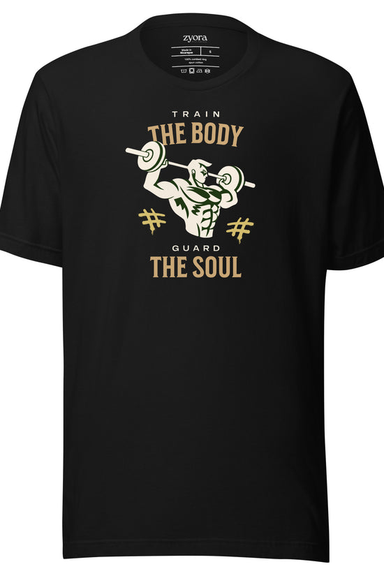 Unisex premium Black Christian tee with “Train Your Body Guard Your Soul” design – faith-based fashion and gift by Zyora Apparel.