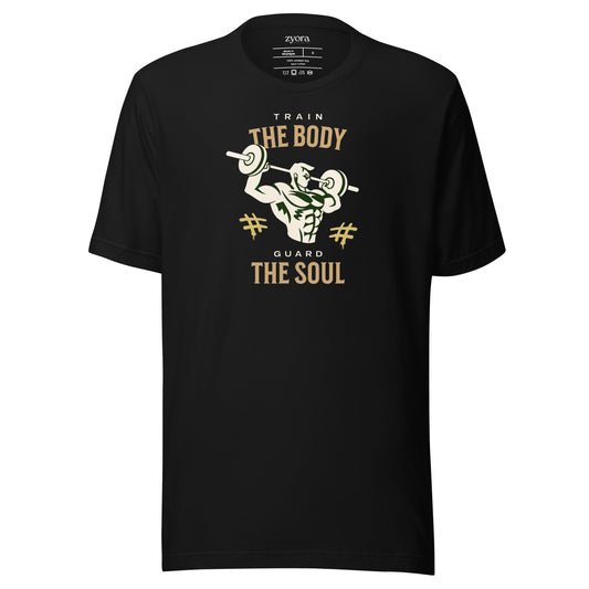 Unisex premium Black Christian tee with “Train Your Body Guard Your Soul” design – faith-based fashion and gift by Zyora Apparel.