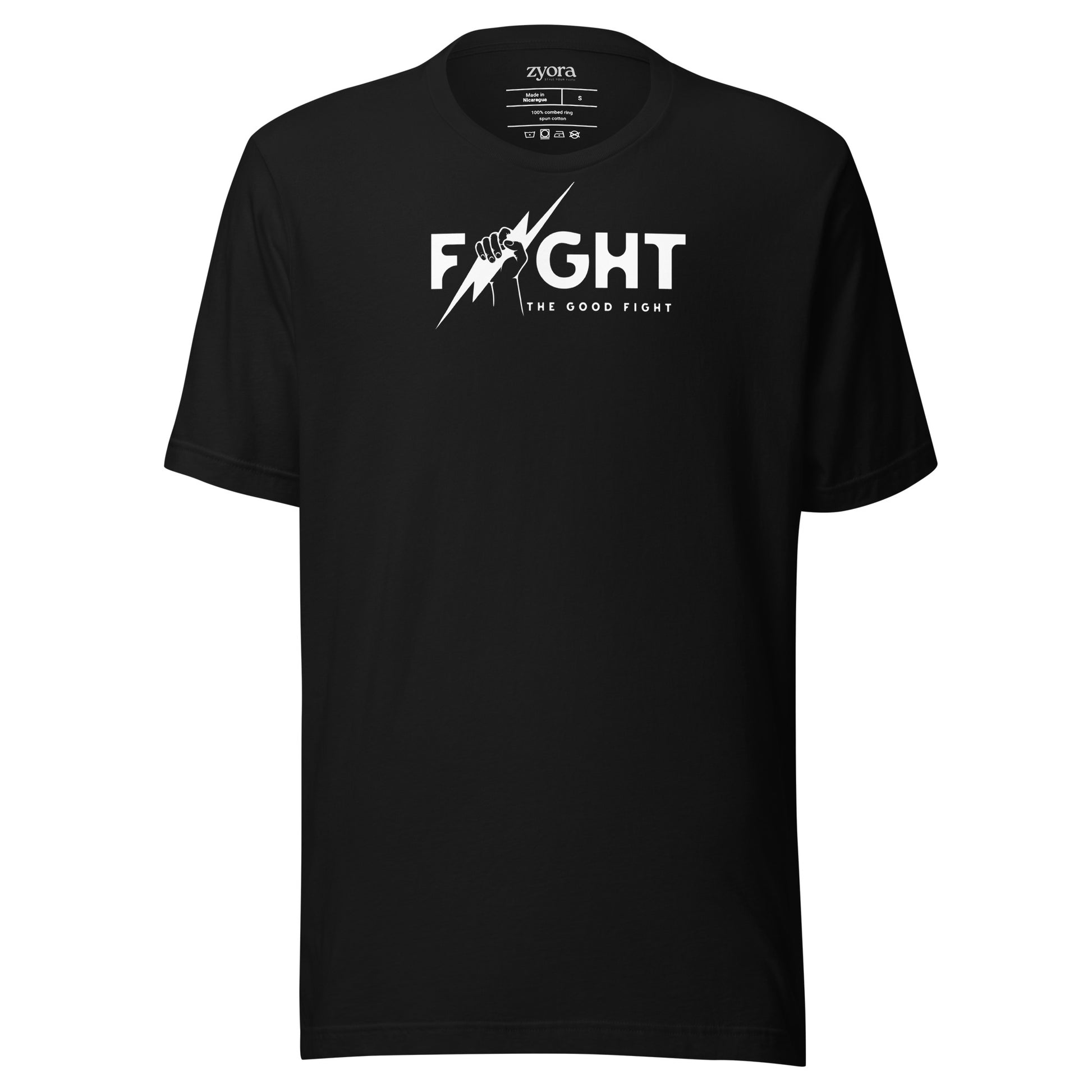 "Fight the Good Fight" Christian Black graphic tee with 1 Timothy 6:12 scripture design. Faith-based apparel, bold Christian gift, unisex lifestyle shirt.