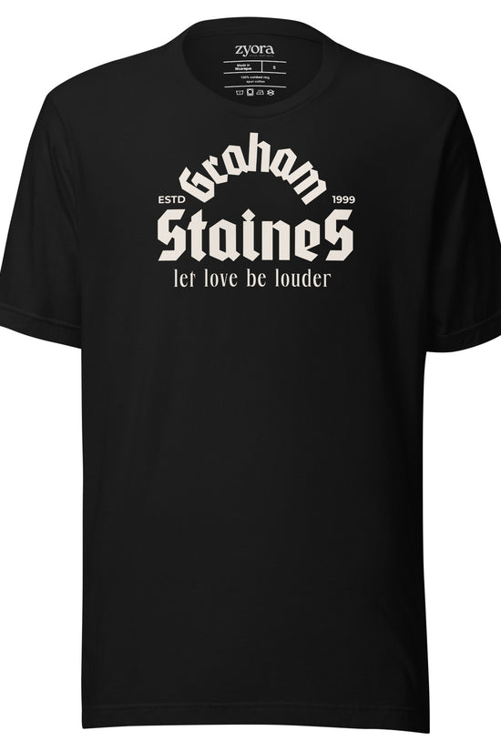 “Graham Staines – Let Love Be Louder” Christian Black  graphic tee, inspired by 1 Corinthians 13:13. Faith-based gift, scripture-inspired apparel for men and women.