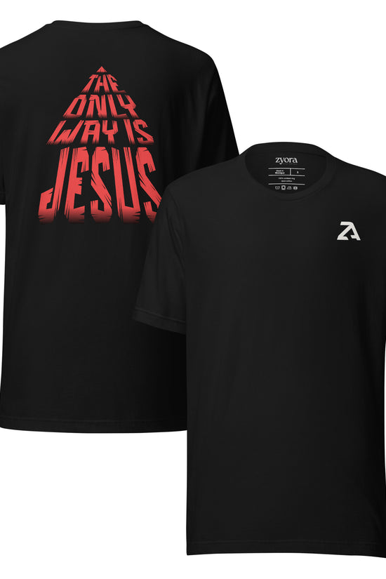 Unisex premium Christian tee with “The Only Way Is JESUS” design – faith-based fashion and gift by Zyora Apparel.