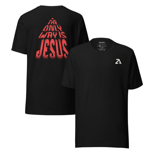 Unisex premium Christian tee with “The Only Way Is JESUS” design – faith-based fashion and gift by Zyora Apparel.