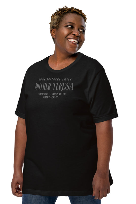 Model wearing Zyora Apparel Regular Tee with Mother Teresa inspired design “Do Small Things with Great Love” – casual Christian t-shirt for everyday faith wear.