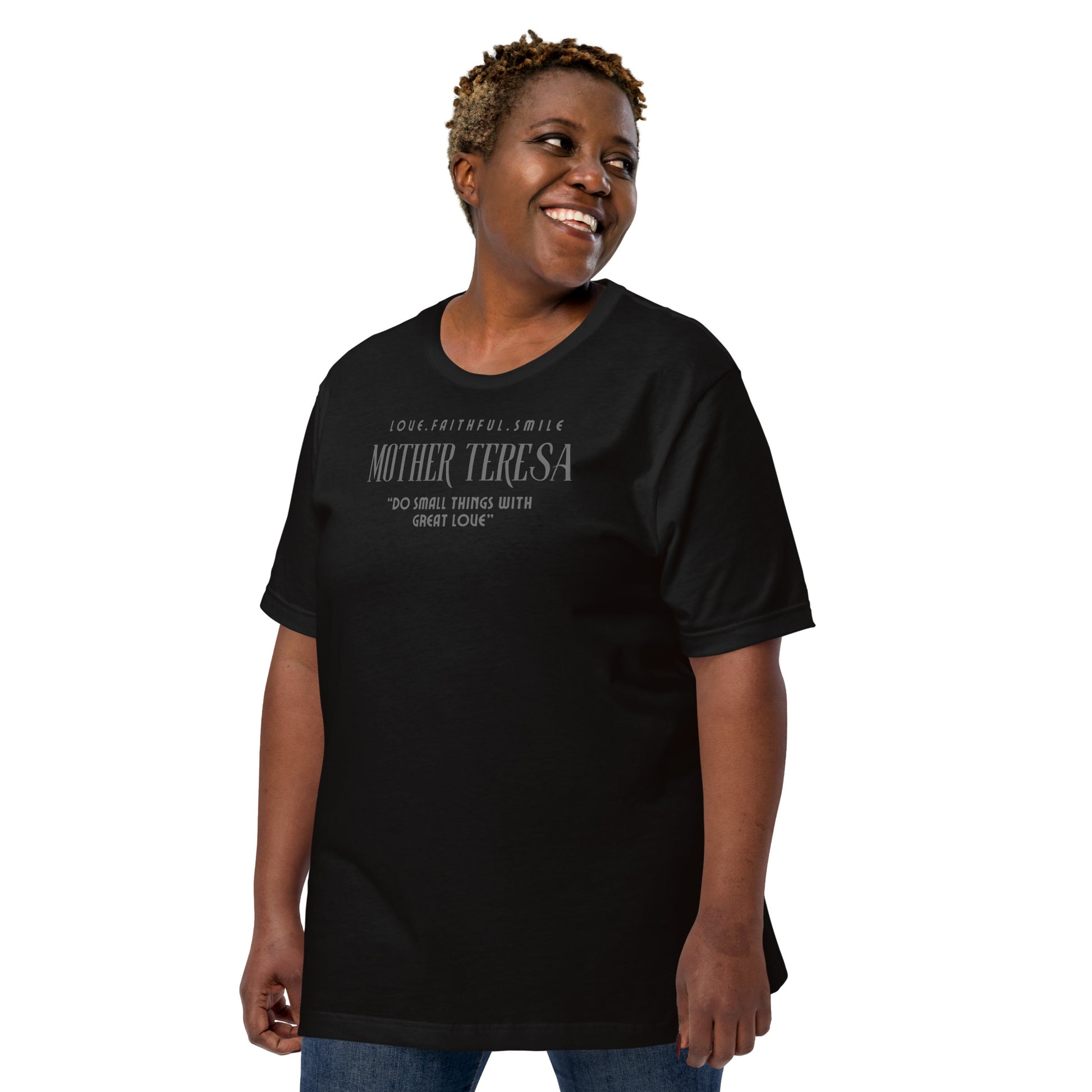 Model wearing Zyora Apparel Regular Tee with Mother Teresa inspired design “Do Small Things with Great Love” – casual Christian t-shirt for everyday faith wear.