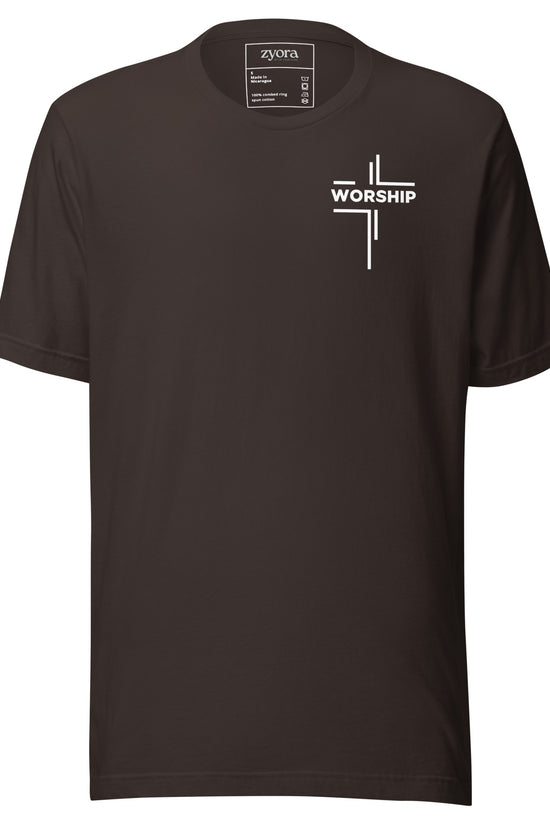 “Worship written vertically in cross form” Christian graphic tee with John 4:23‑24 scripture design. Faith‑based gift, unisex fit, inspirational Christian apparel by Zyora.