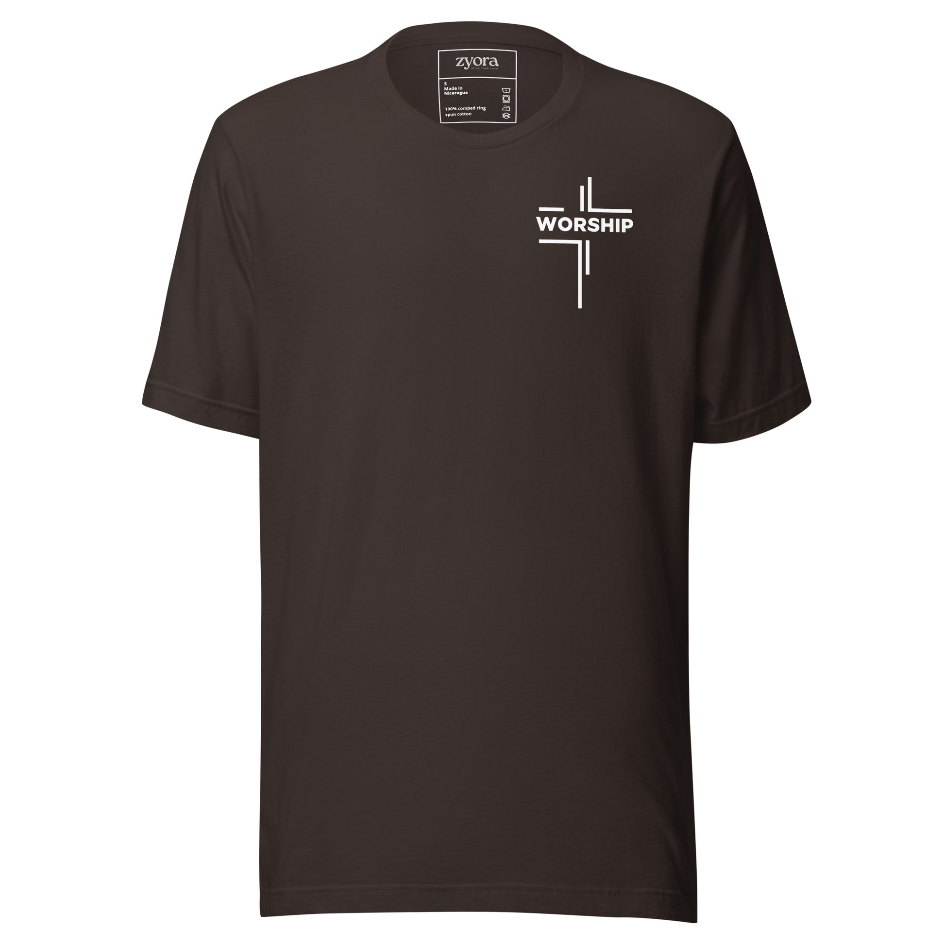 “Worship written vertically in cross form” Christian graphic tee with John 4:23‑24 scripture design. Faith‑based gift, unisex fit, inspirational Christian apparel by Zyora.