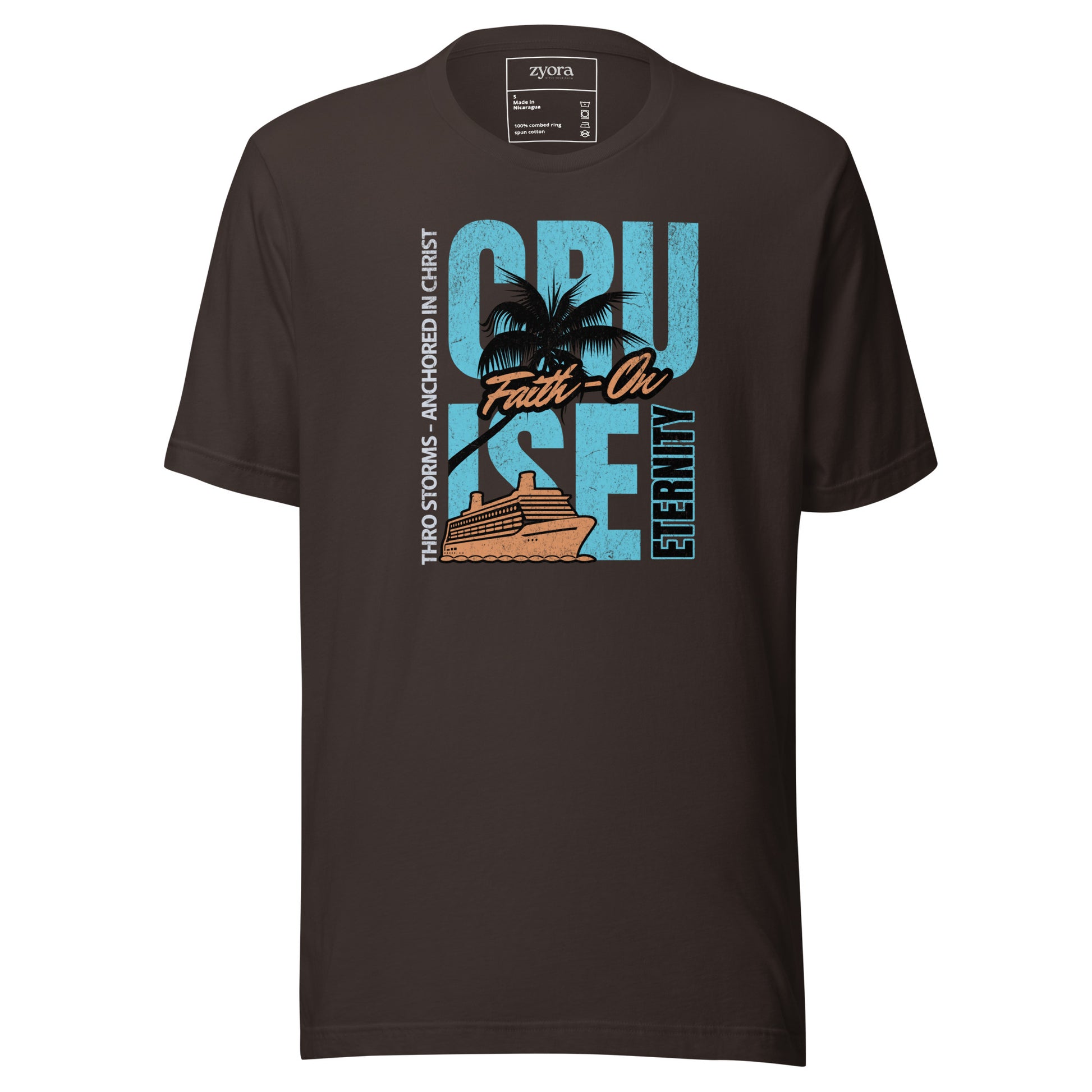 “Premium Anchored in Christ Christian graphic tee in brown – Cruise Through Storms Eternity Design – Zyora Apparel”