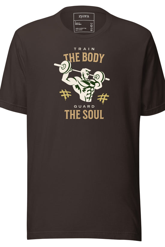 Unisex premium Brown Christian tee with “Train Your Body Guard Your Soul” design – faith-based fashion and gift by Zyora Apparel.