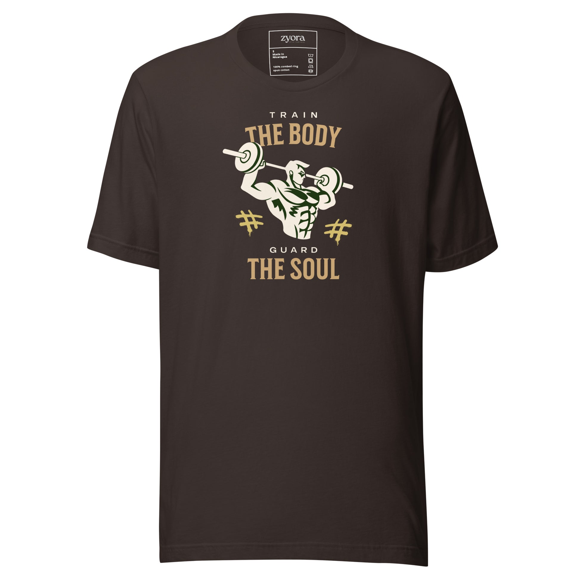 Unisex premium Brown Christian tee with “Train Your Body Guard Your Soul” design – faith-based fashion and gift by Zyora Apparel.