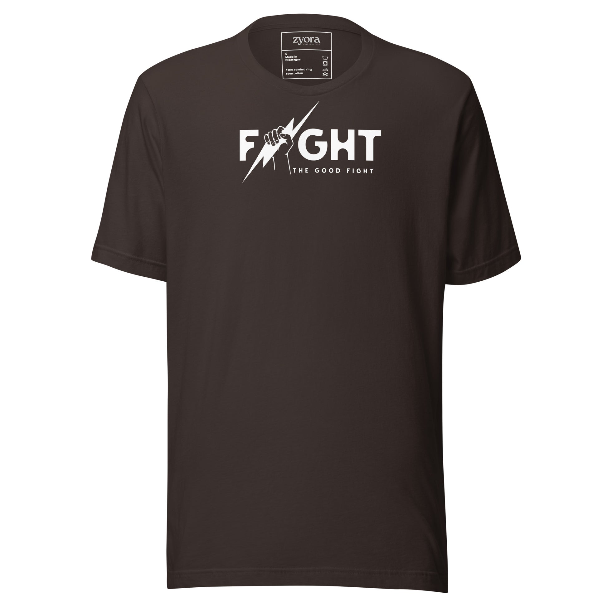 "Fight the Good Fight" Christian Brown graphic tee with 1 Timothy 6:12 scripture design. Faith-based apparel, bold Christian gift, unisex lifestyle shirt.