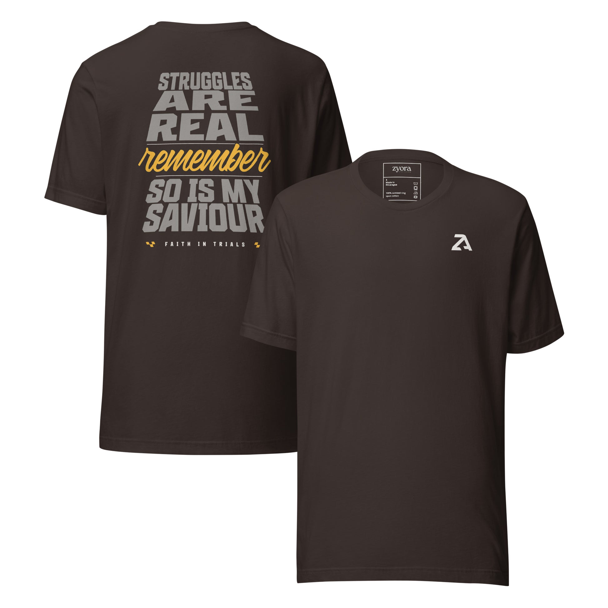 "Christian graphic tee with the phrase Struggles Are Real – Remember So Is My Saviour. Faith in trials shirt reminding believers to trust God in hardships. Inspirational Christian gift, scripture-inspired apparel, faith-based streetwear for men and women."