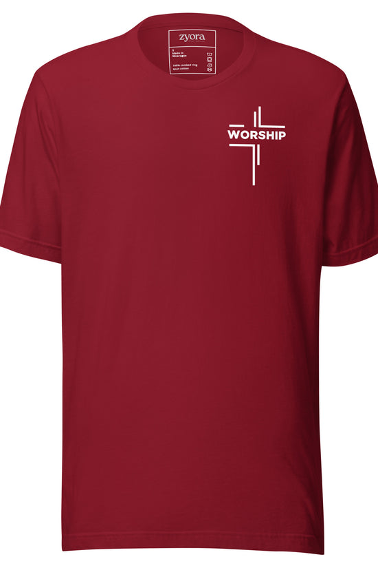 “Worship written vertically in cross form” Christian graphic tee with John 4:23‑24 scripture design. Faith‑based gift, unisex fit, inspirational Christian apparel by Zyora.