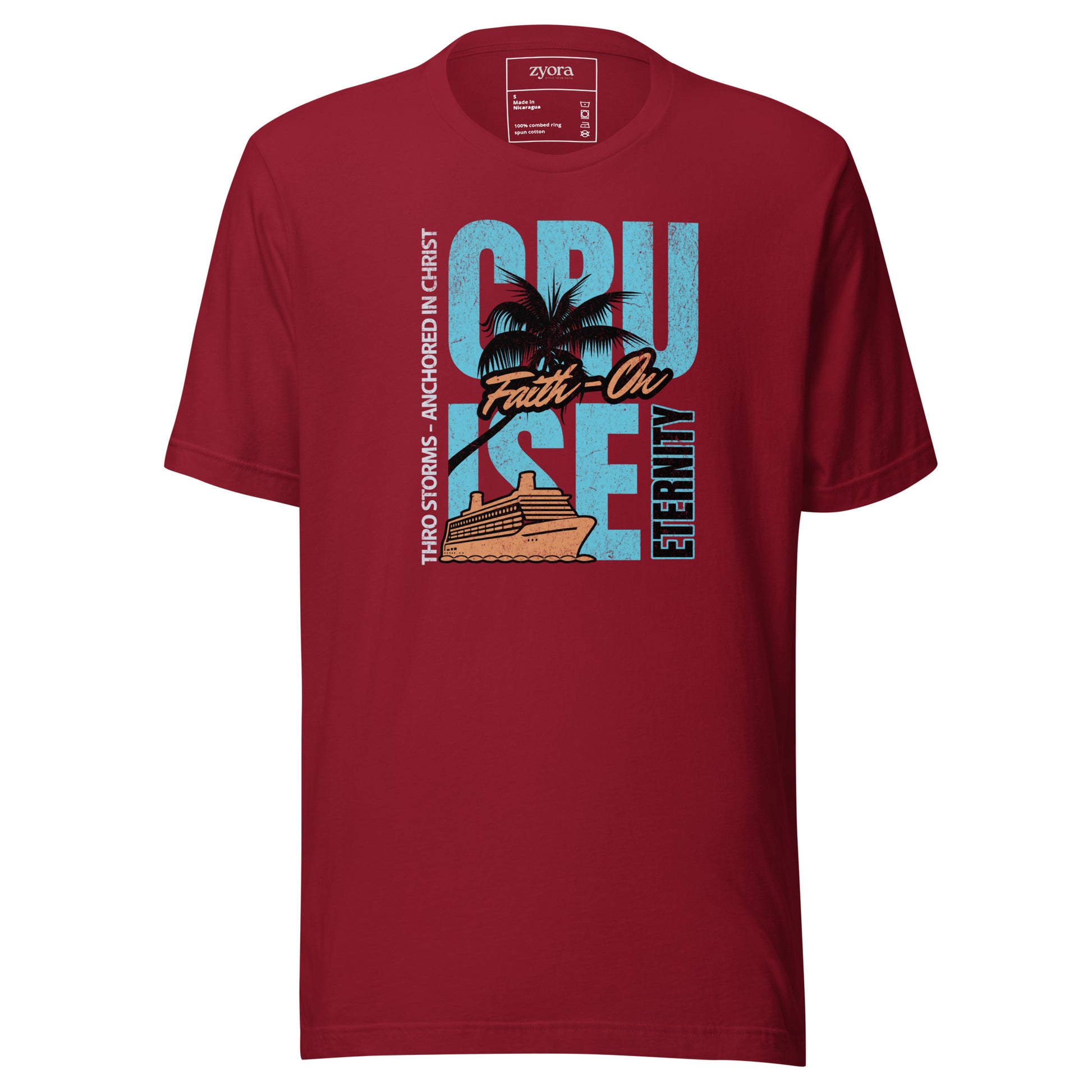 “Premium Anchored in Christ Christian graphic tee in cardinal – Cruise Through Storms Eternity Design – Zyora Apparel”