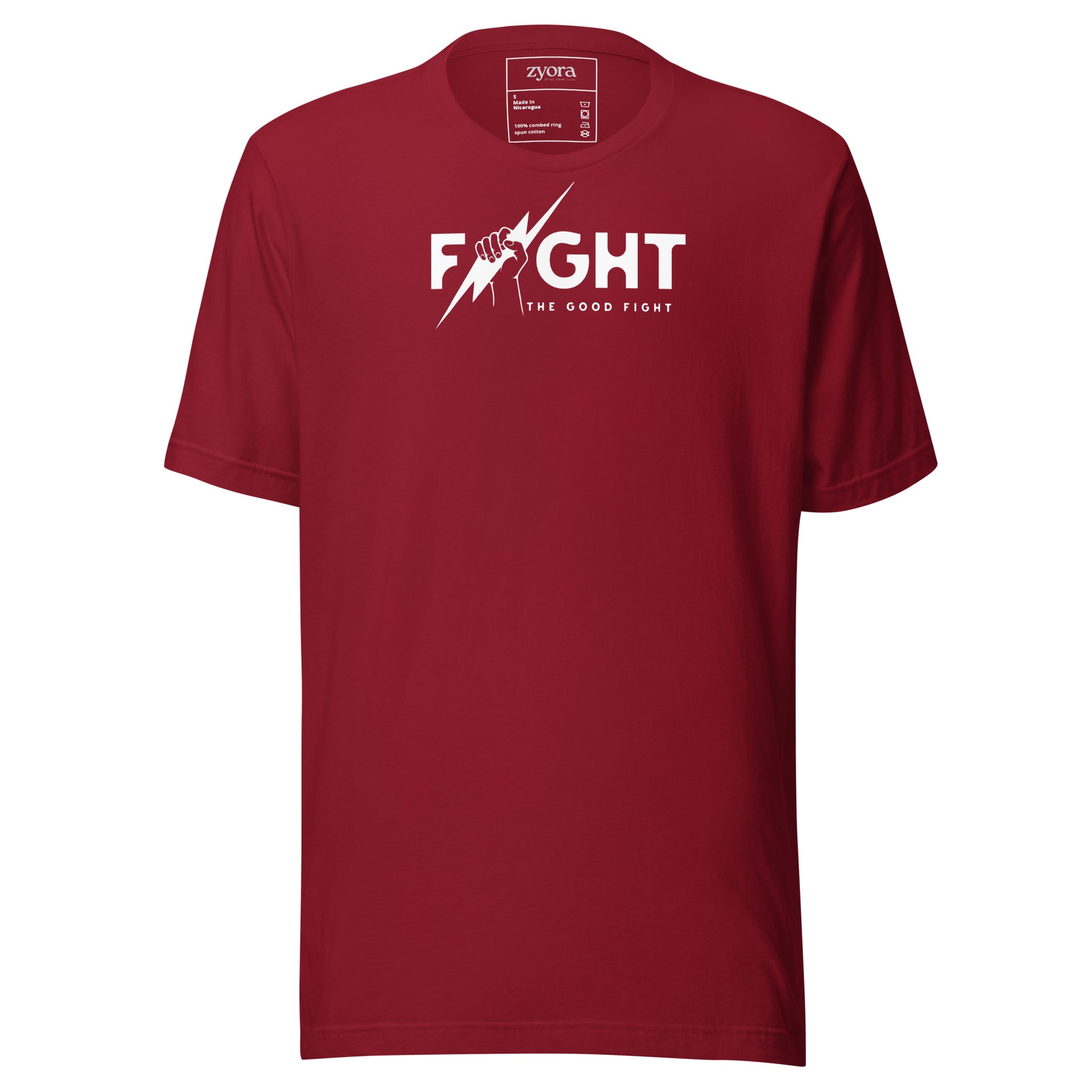 "Fight the Good Fight" Christian Cardinal graphic tee with 1 Timothy 6:12 scripture design. Faith-based apparel, bold Christian gift, unisex lifestyle shirt.