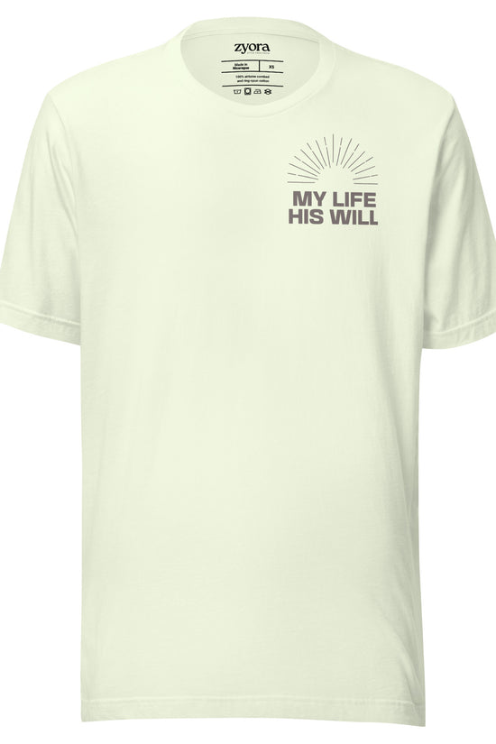 Unisex premium Citron Christian tee with “My Life His Will” design – faith-based fashion and gift by Zyora Apparel.