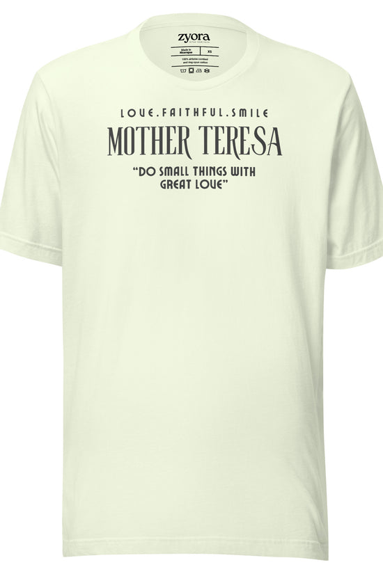 Zyora Apparel citron Premium Tee featuring Mother Teresa quote “Do Small Things with Great Love” – inspirational Christian streetwear design.