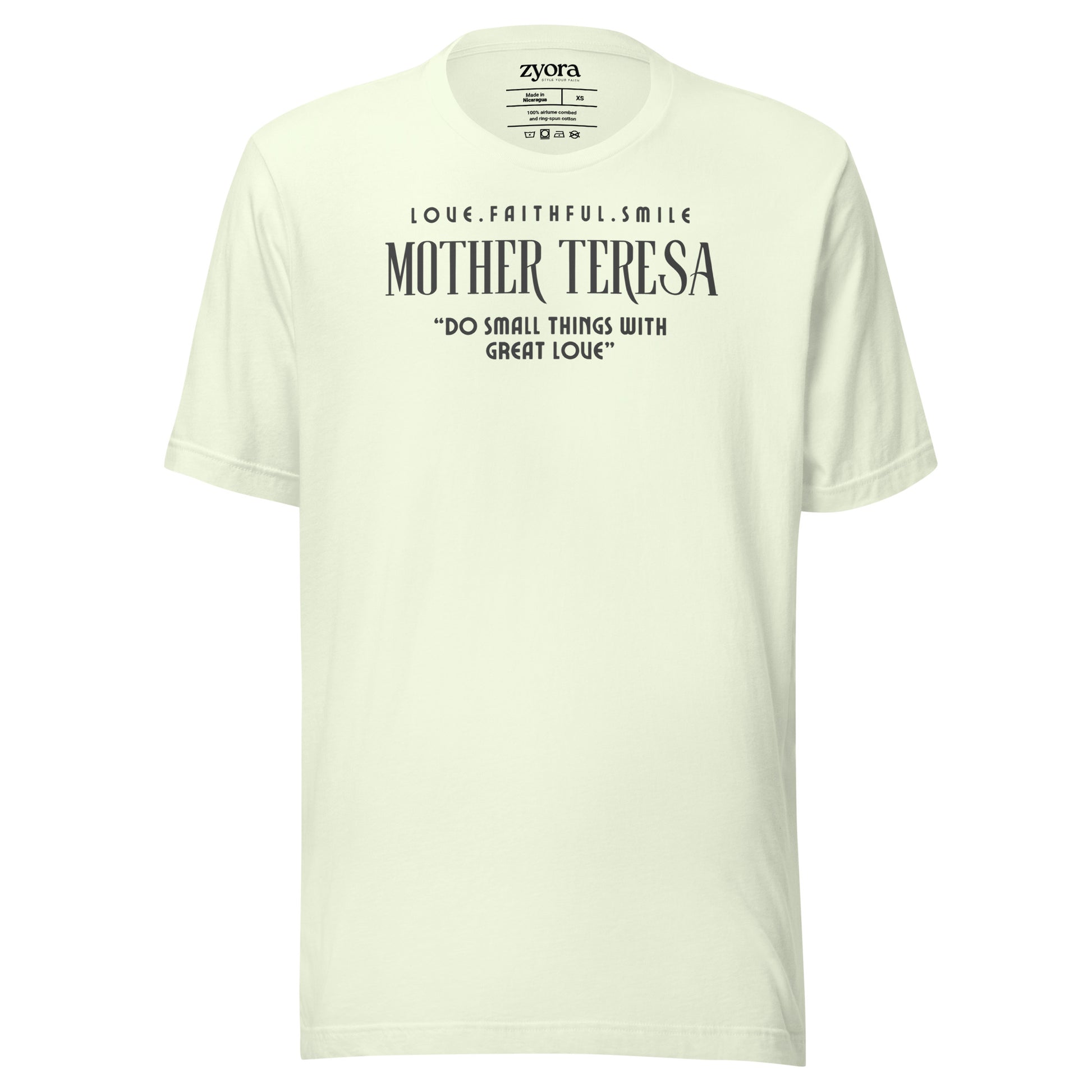 Zyora Apparel citron Premium Tee featuring Mother Teresa quote “Do Small Things with Great Love” – inspirational Christian streetwear design.